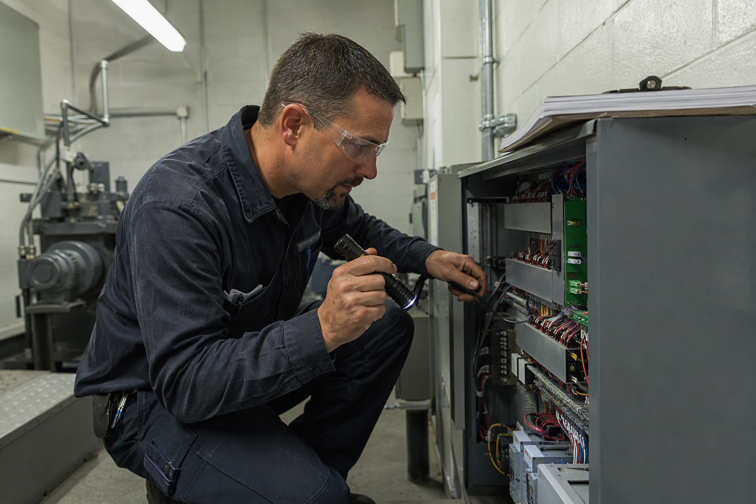 Licensed elevator technician inspecting a controller in a Florida commercial elevator machine room, ensuring continued code compliance after an elevator service company closure or acquisition.