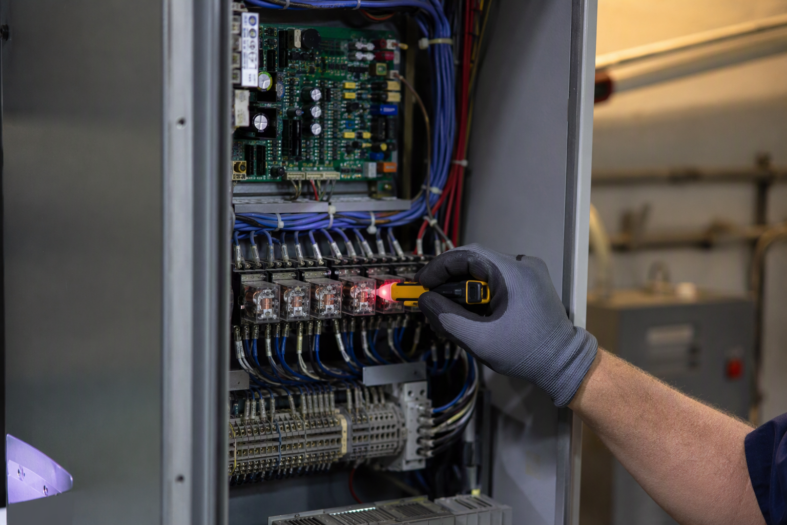 Elevator machine room controller panel open during Florida inspection review, showing relay boards and wiring checked against ASME A17.1 electrical system requirements
