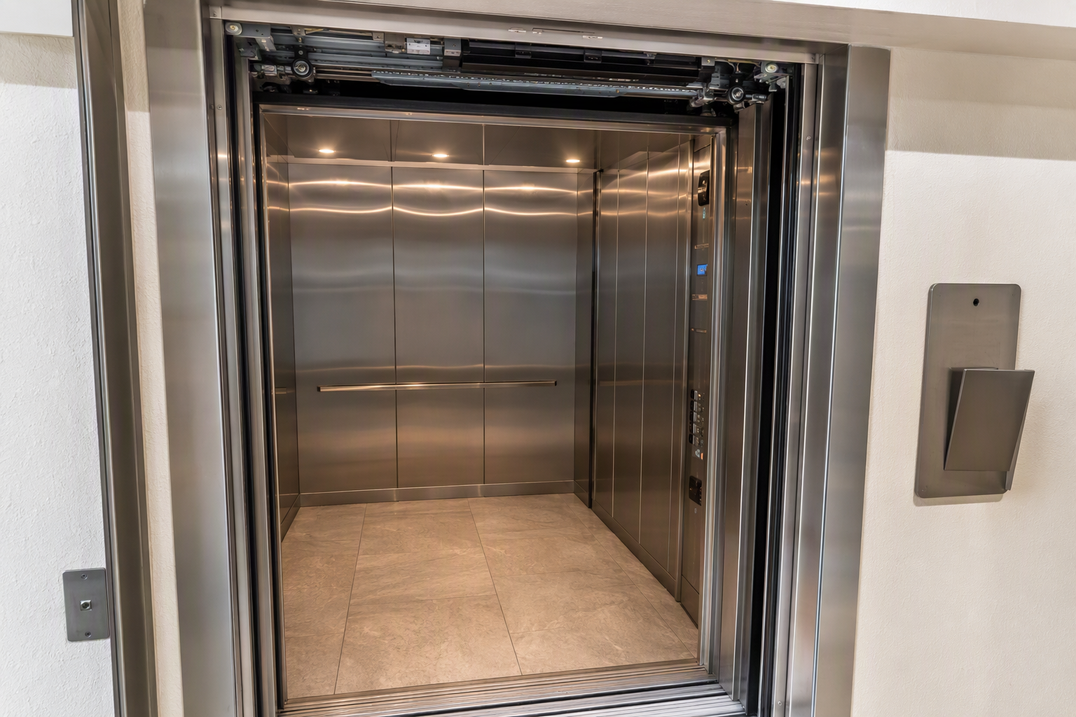 Commercial elevator cab doorway in Sarasota FL showing door safety edge sensor and empty certificate of operation holder, illustrating common Florida elevator inspection failure points