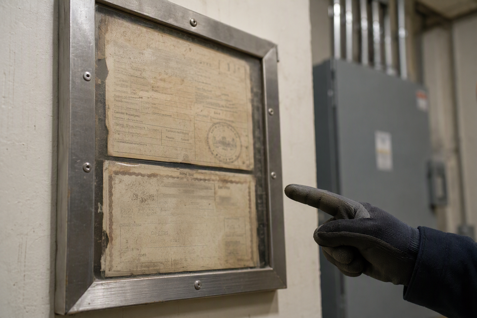 Florida Elevator Modernization State Permit Florida state elevator modernization permit certificate mounted in a commercial building machine room, illustrating permit documentation requirements under Chapter 399 Florida Statutes