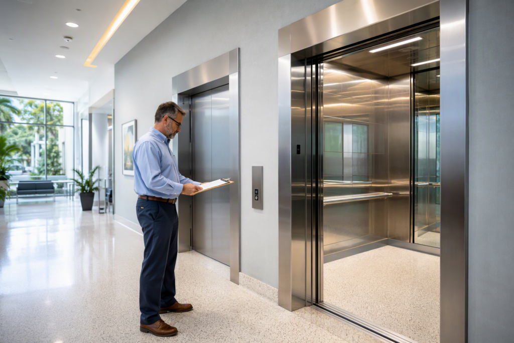 Healthcare facility elevator lobby in Florida with open hospital-grade cab, facility manager reviewing contract paperwork before signing an elevator modernization agreement