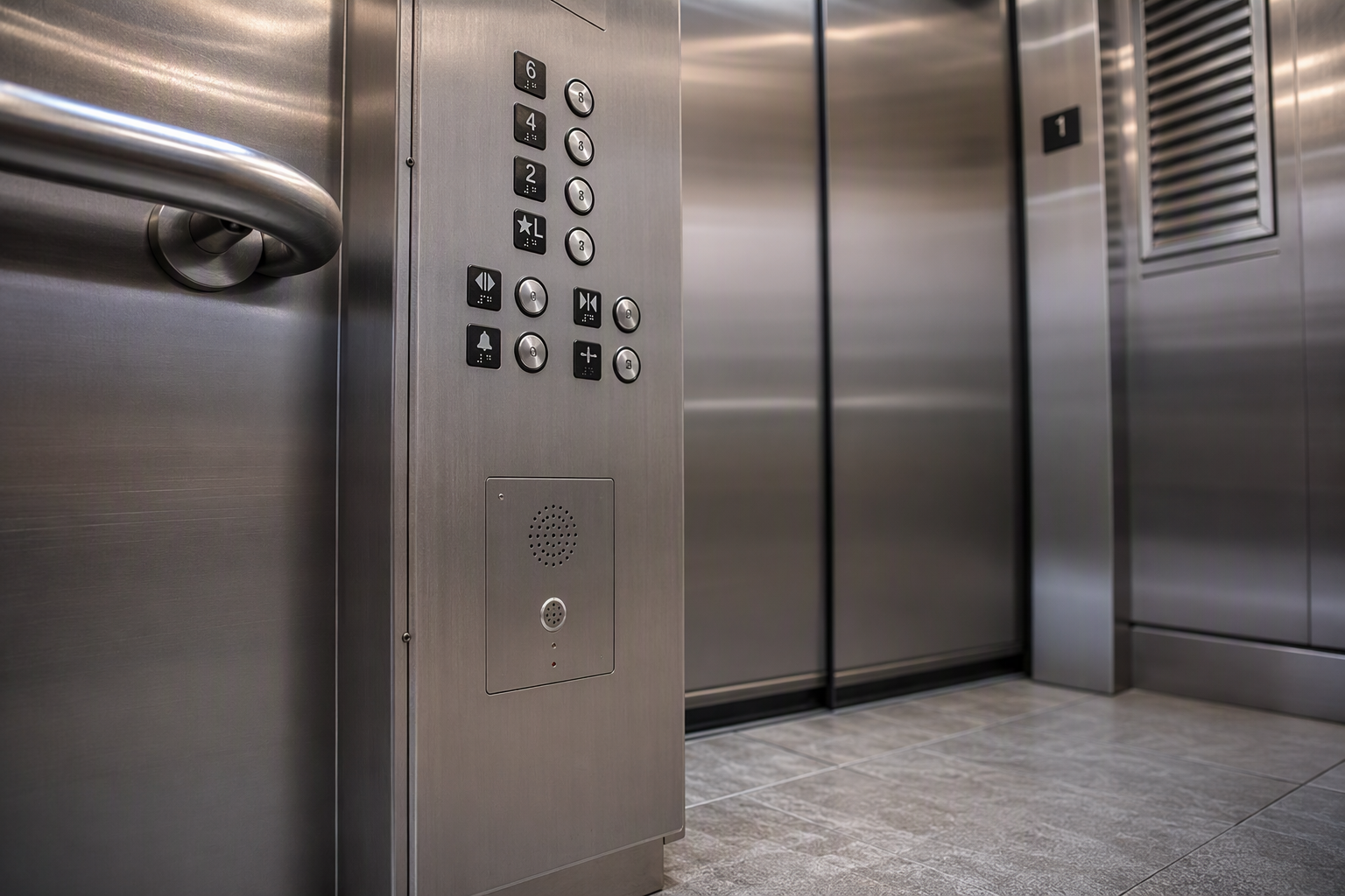 ADA-compliant elevator cab interior in a Florida apartment building showing tactile braille control buttons, handrail, and emergency communication panel required under federal accessibility standards.