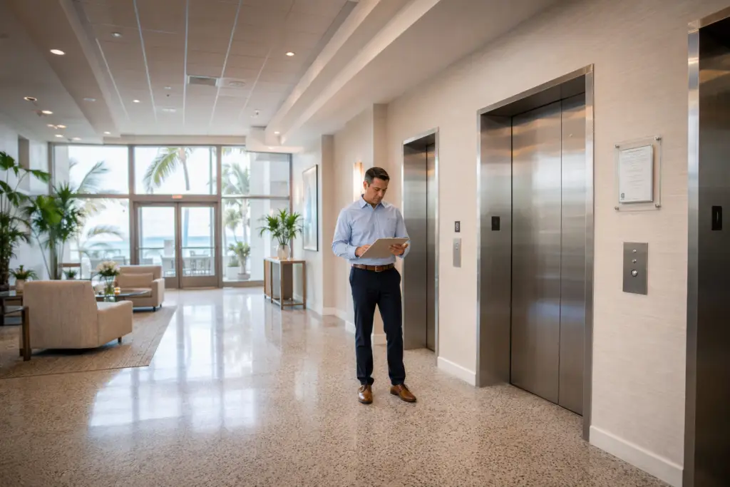 Florida hotel lobby showing ADA-compliant elevator doors with hall call buttons at 42-inch height and a certificate of operation posted on the wall beside the cab.