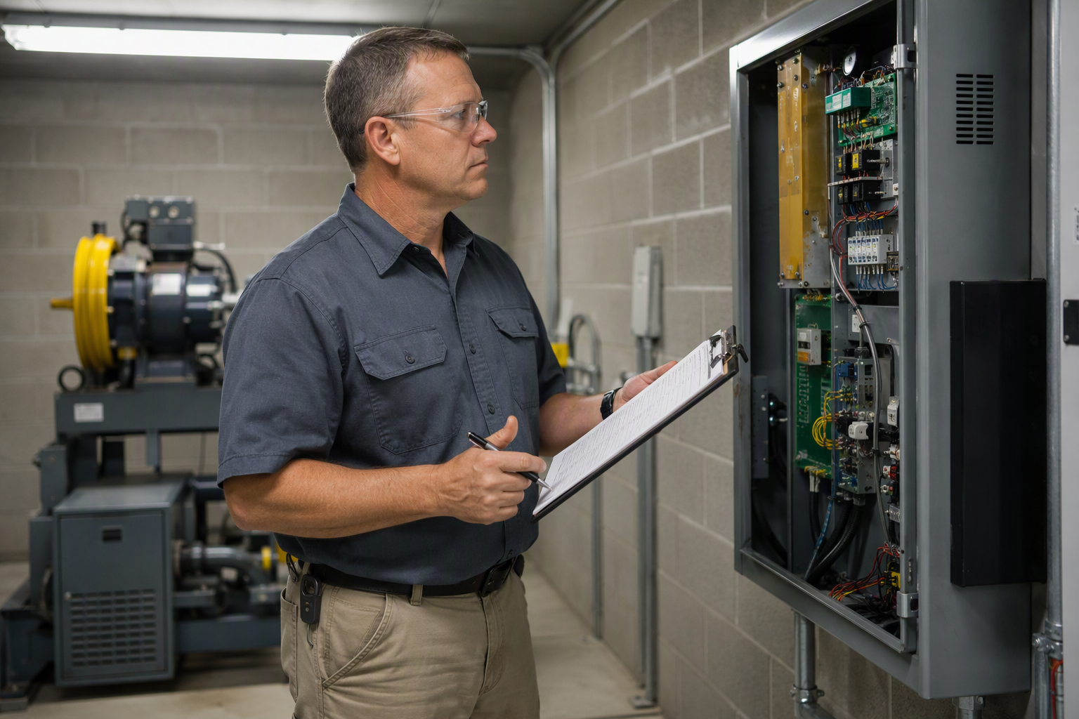 Certified elevator inspector reviewing a Florida Chapter 399 annual inspection checklist beside an ASME A17.1 controller cabinet in a residential building machine room.