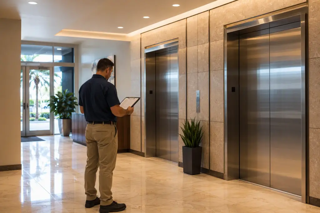 Certified Axxiom Elevator Florida technician reviewing inspection documents in a Pompano Beach commercial elevator lobby with stainless steel cab doors