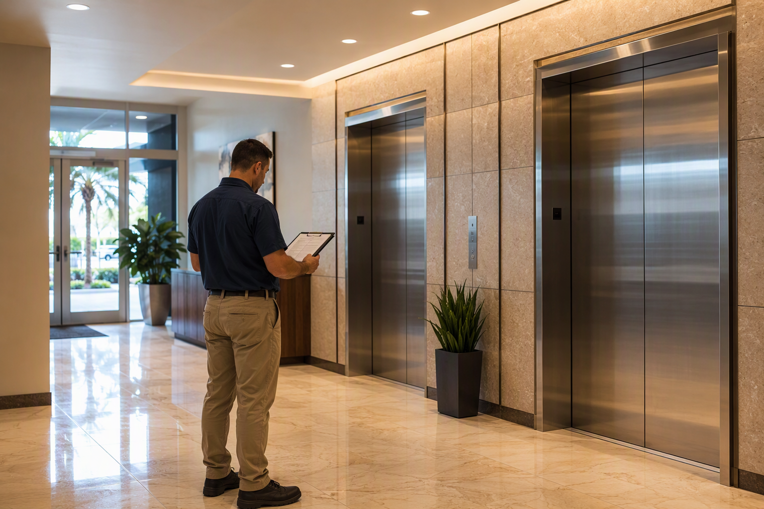 Certified Axxiom Elevator Florida technician reviewing inspection documents in a Pompano Beach commercial elevator lobby with stainless steel cab doors
