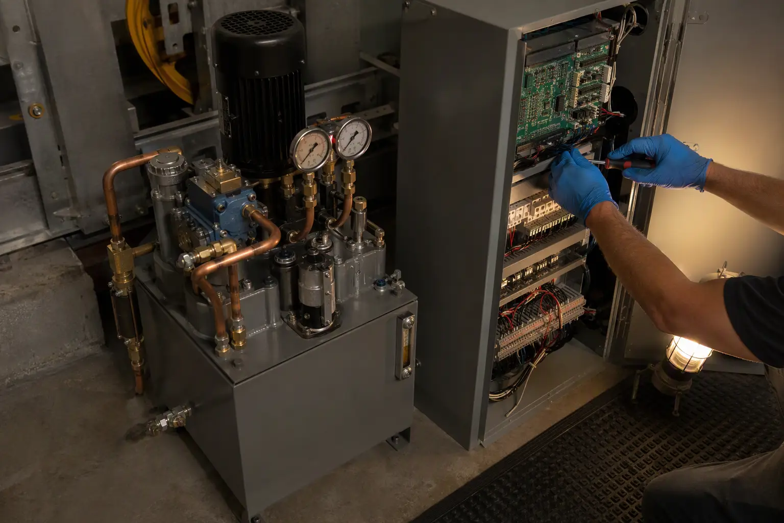 Elevator technician servicing hydraulic power unit and controller cabinet during annual Florida elevator inspection and preventive maintenance visit