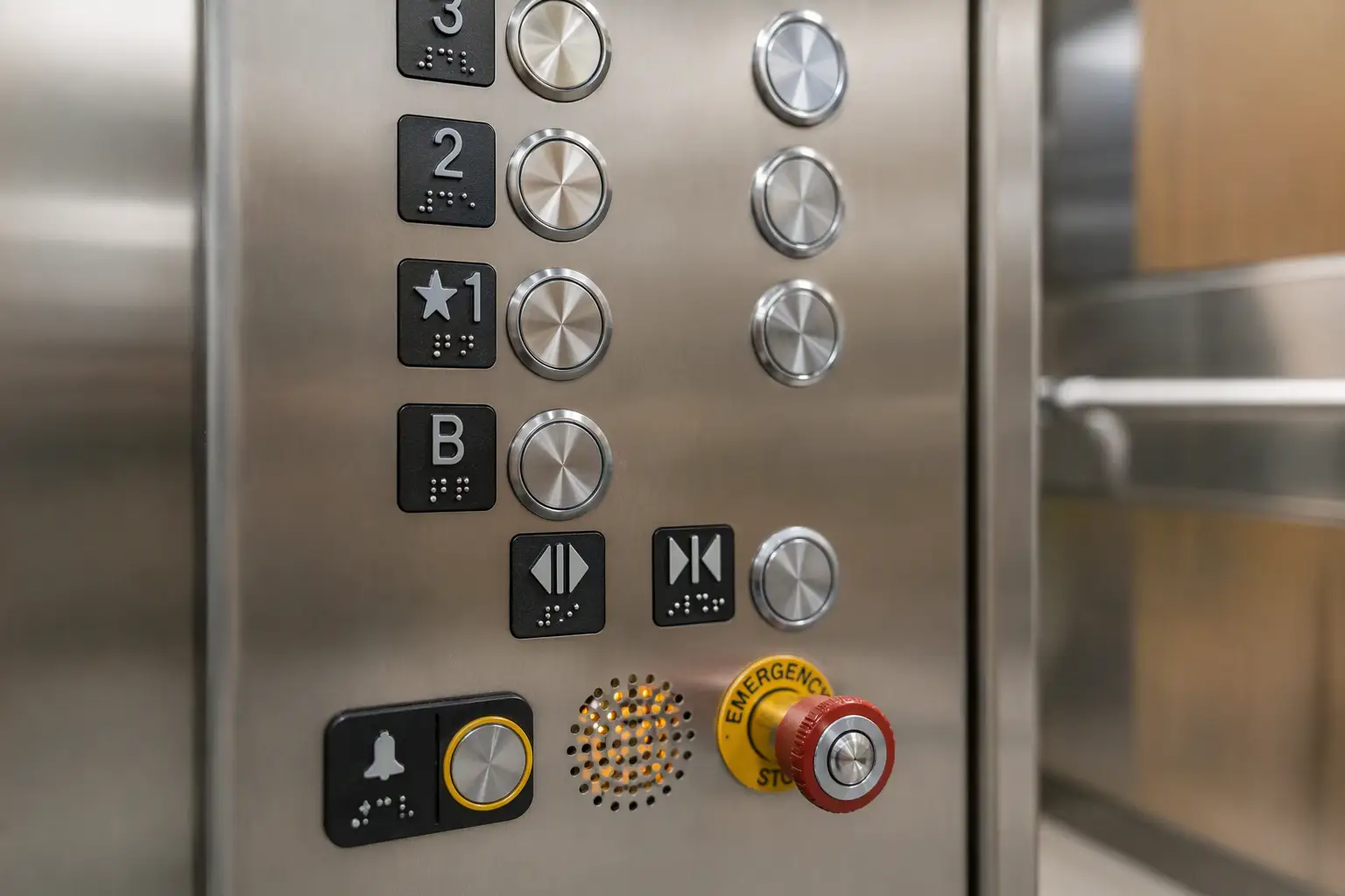 ADA Elevator Control Panel with Braille and Emergency Communication Close-up of ADA-compliant elevator control panel with Braille labels, raised characters, and two-way emergency communication system required for Florida assisted living elevator code compliance