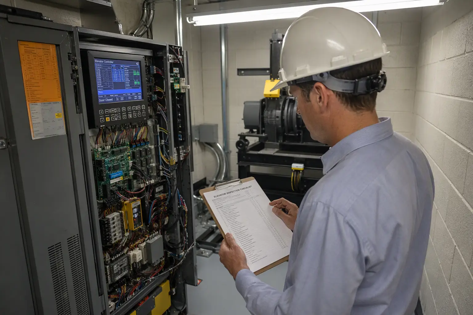 Annual Elevator Inspection at Florida Assisted Living Facility Certified elevator inspector reviewing inspection checklist beside a controller in a Florida senior living facility machine room during annual Chapter 399 Florida Statutes compliance inspection