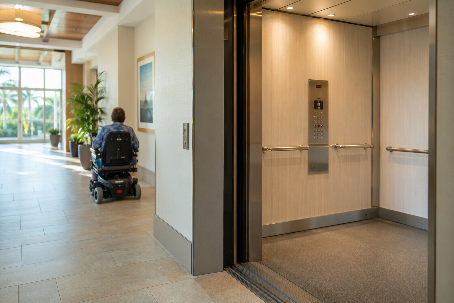 ADA-Compliant Elevator in Florida Senior Living Facility ADA-compliant elevator cab open in a Florida senior living facility lobby, showing wide dimensions, handrails, and accessible control panel for assisted living code compliance