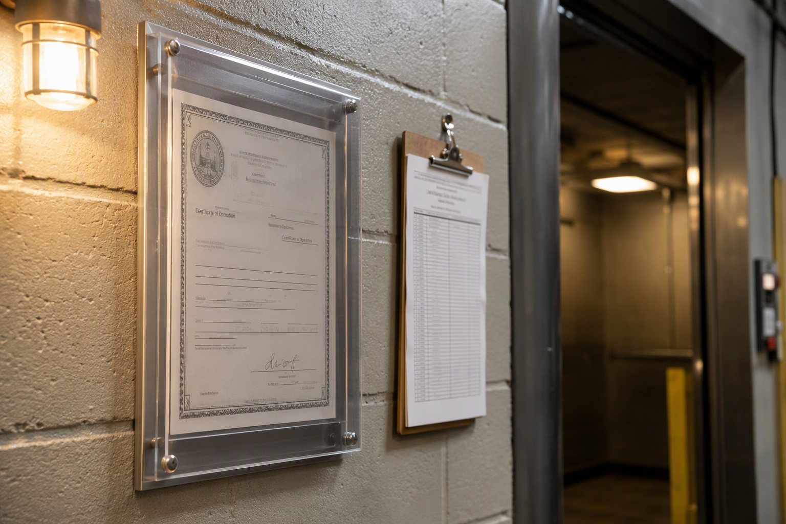 Florida elevator certificate of operation posted in required transparent frame inside a warehouse freight elevator lobby, showing annual inspection compliance under Chapter 399 Florida Statutes