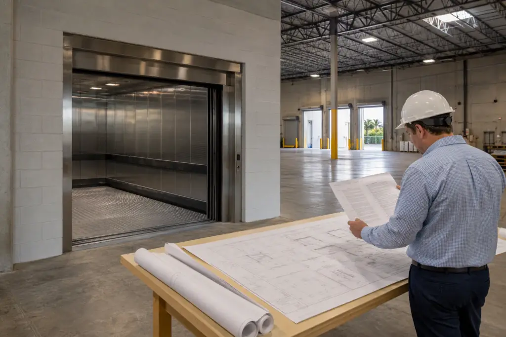 Warehouse building manager reviewing elevator maintenance and reliability requirements in a Florida industrial facility lease contract, freight elevator visible in background