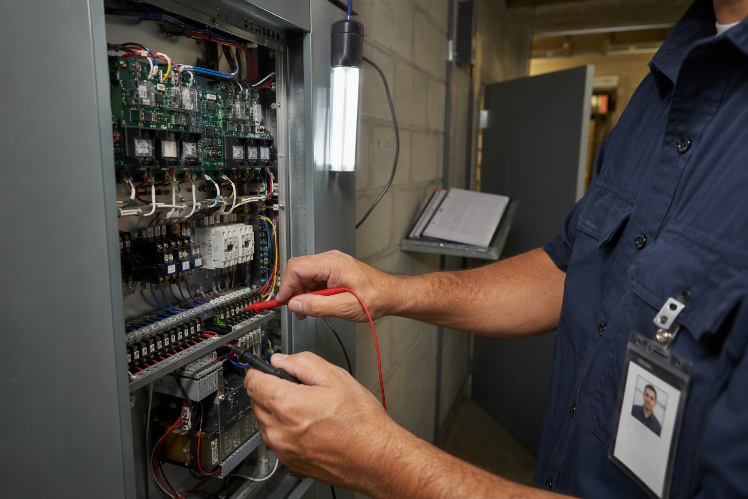 Florida-registered elevator technician with certificate of competency servicing freight elevator machine room controller in a Pompano Beach warehouse industrial facility