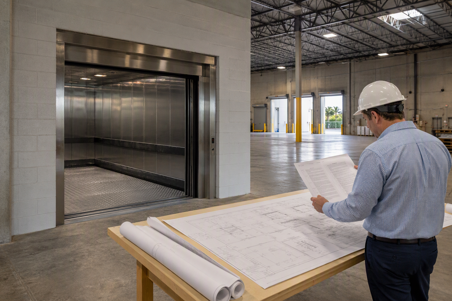 Warehouse building manager reviewing elevator maintenance and reliability requirements in a Florida industrial facility lease contract, freight elevator visible in background