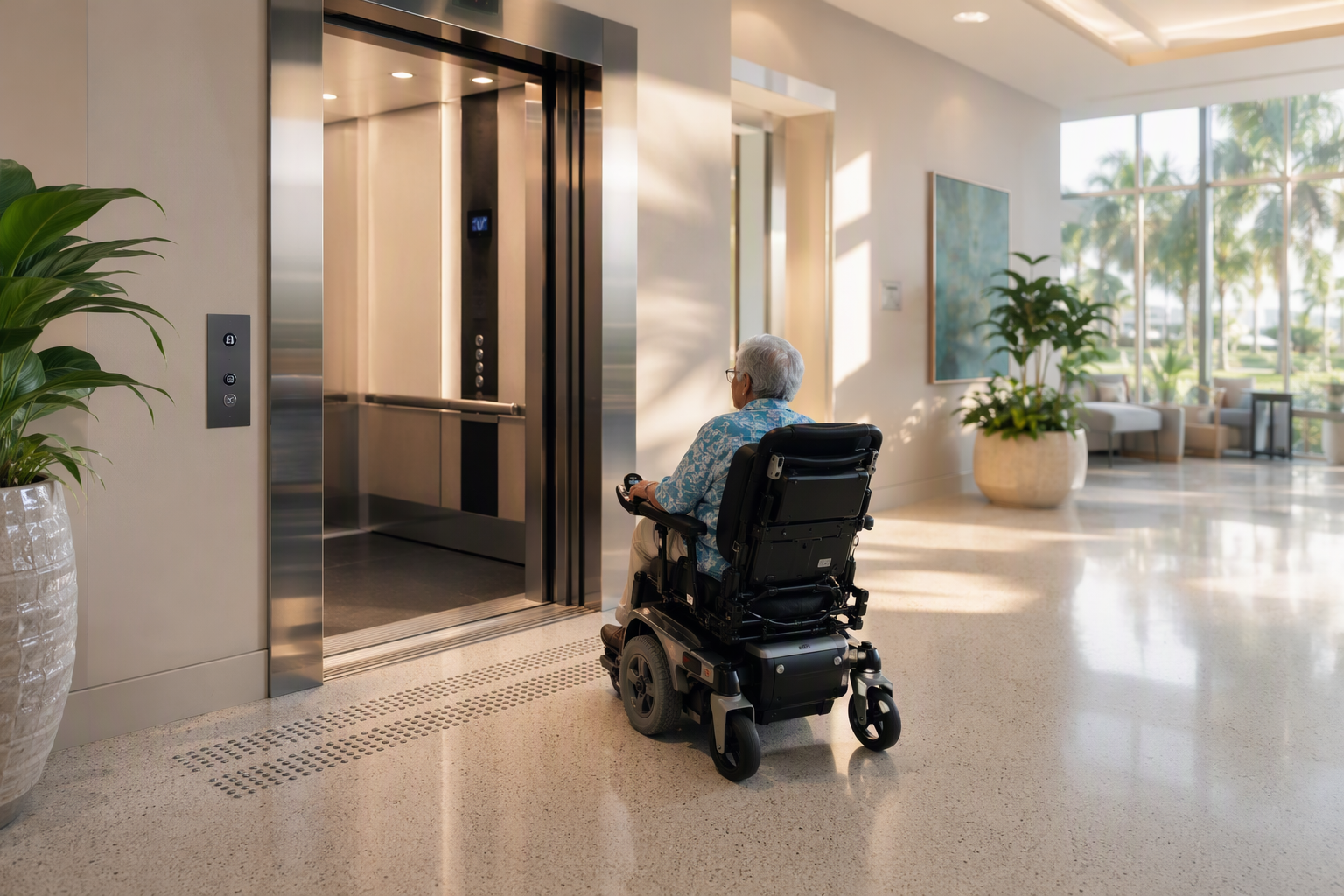 ADA-Compliant Elevator Lobby — Florida Senior Living Facility ADA-compliant elevator lobby in a Florida senior living facility showing accessible call buttons, open cab with grab rail, and a wheelchair user approaching the doors in Pompano Beach FL