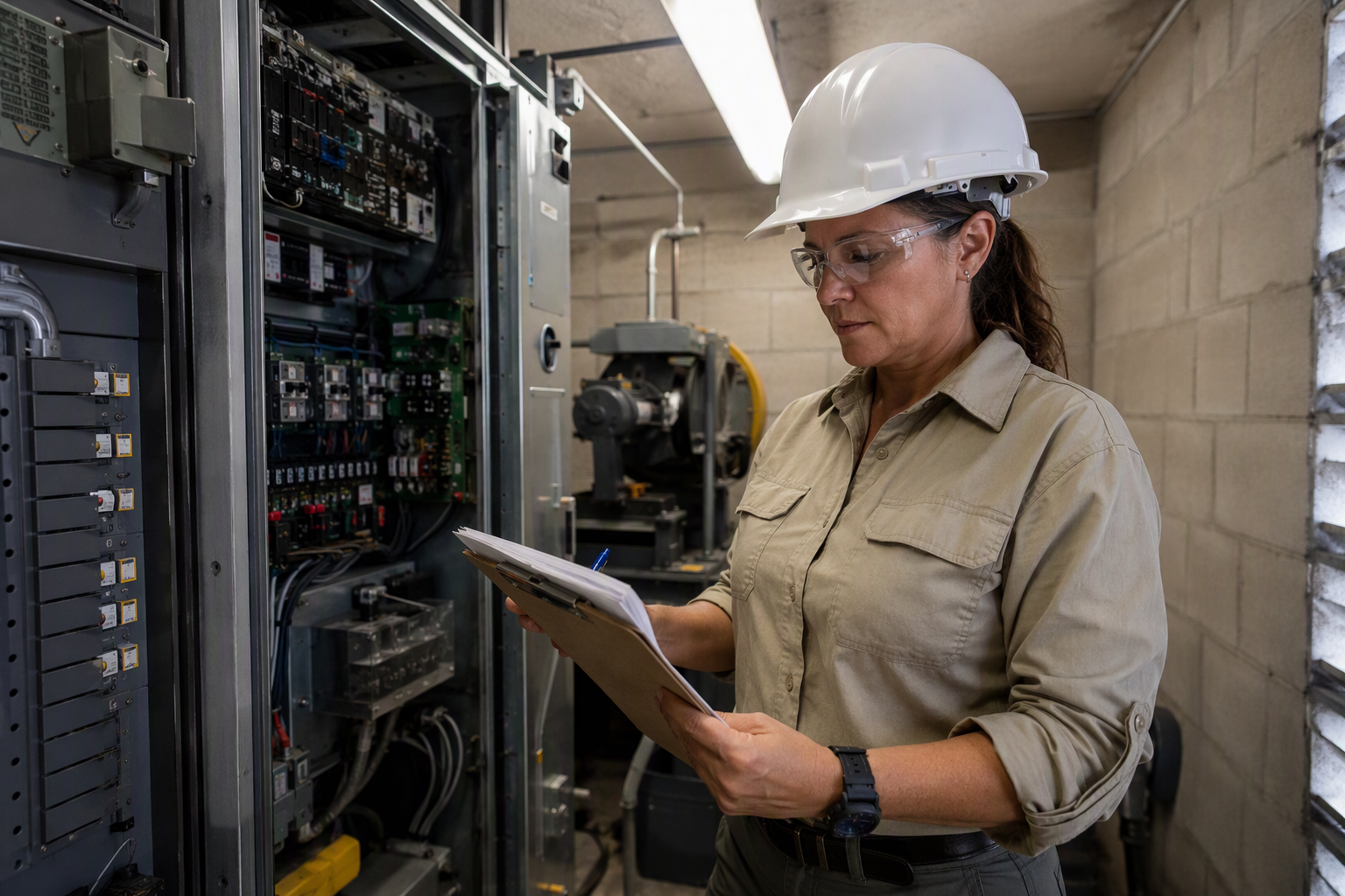 Certified elevator inspector reviewing ASME compliance checklist in a Florida hospital machine room, illustrating DBPR Bureau of Elevator Safety enforcement responsibilities.