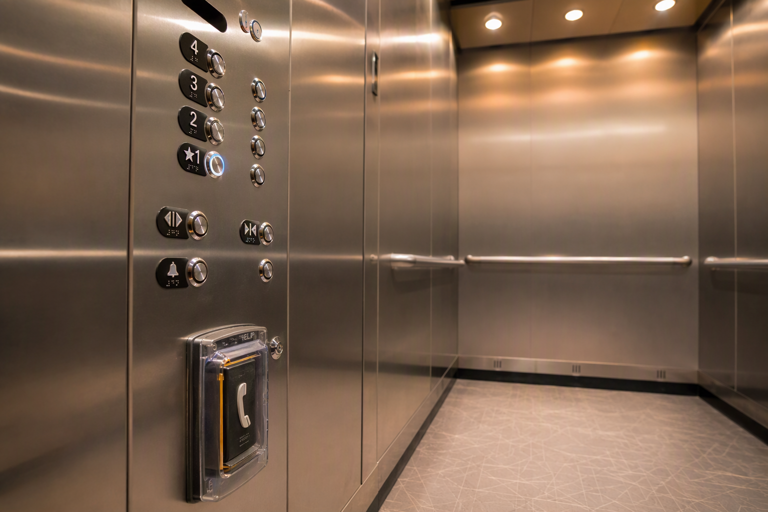 ADA-compliant elevator cab interior in a Florida hospital showing Braille control buttons, emergency phone panel, and stainless-steel handrail meeting ASME A17.1 and federal accessibility standards.