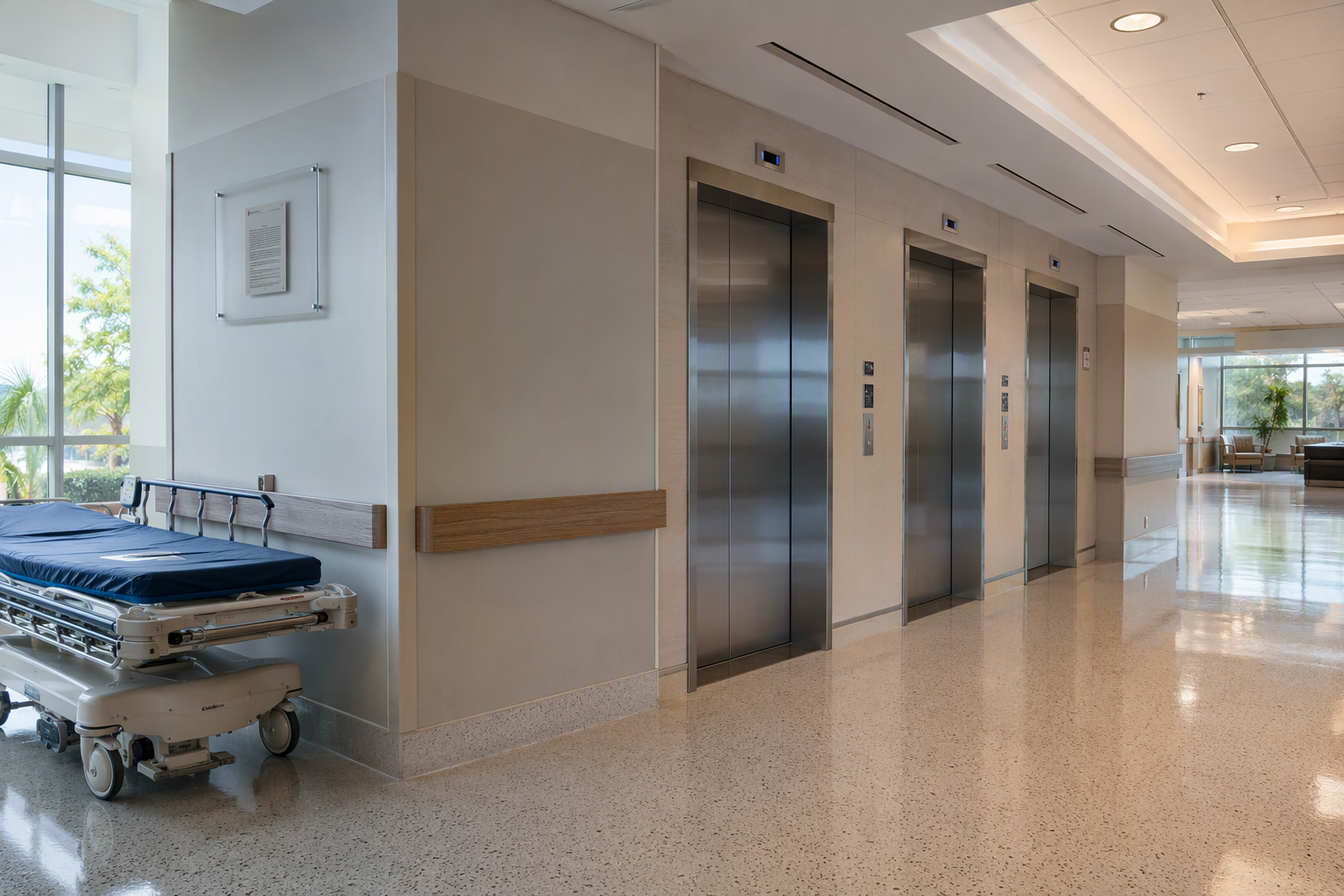 Hospital elevator lobby in Florida showing stainless-steel cab doors, illuminated floor indicators, and a posted certificate of operation, reflecting state inspection compliance requirements.
