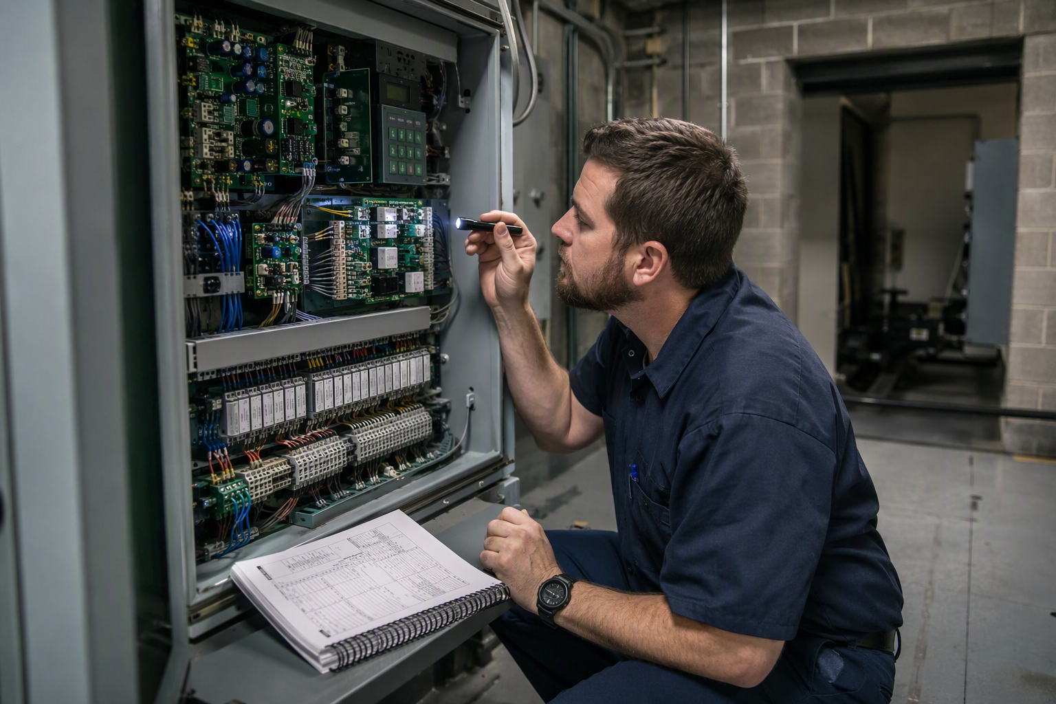 Elevator technician inspecting a hospital elevator controller in a Florida machine room against ASME A17.1-2019 standards required for state and Joint Commission compliance