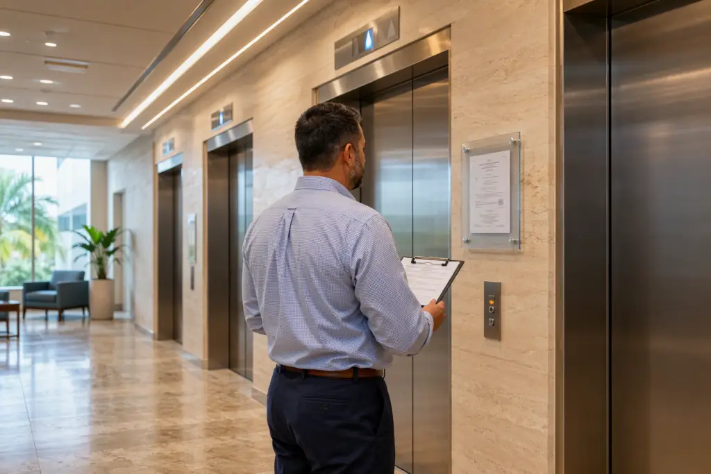 Hospital facilities manager reviewing a posted Florida elevator certificate of operation in a Pompano Beach medical center lobby, verifying Joint Commission elevator compliance requirements
