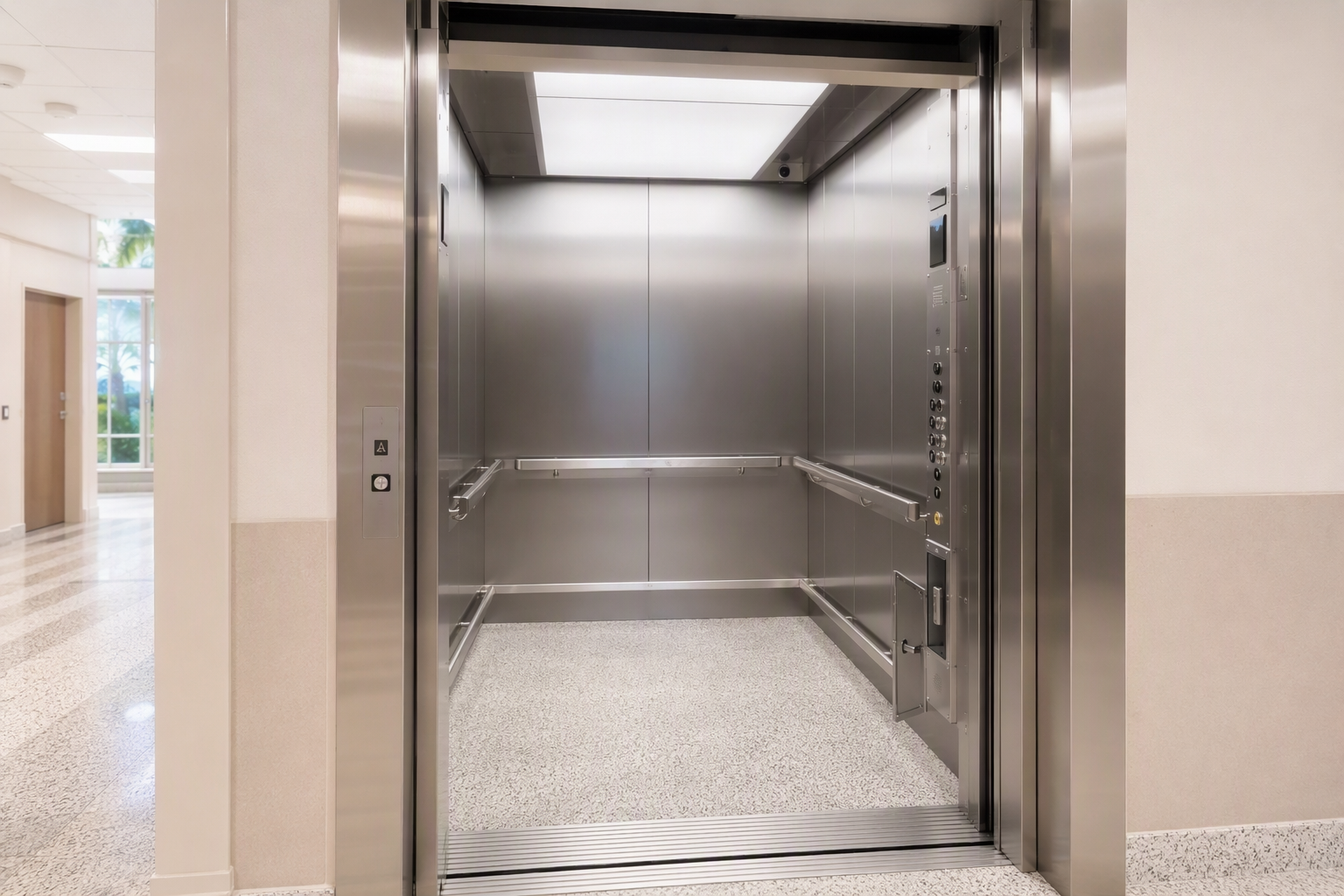 ADA-compliant hospital elevator cab interior with Braille controls, handrails, and emergency phone meeting Florida state and Joint Commission elevator maintenance requirements