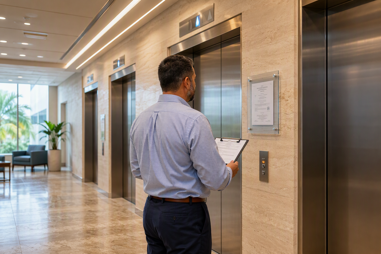 Hospital facilities manager reviewing a posted Florida elevator certificate of operation in a Pompano Beach medical center lobby, verifying Joint Commission elevator compliance requirements
