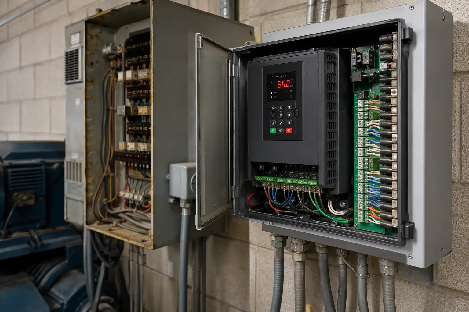 VFD Controller in Florida Elevator Machine Room Variable frequency drive VFD controller panel inside a Florida commercial elevator machine room showing modern motor control technology for energy savings