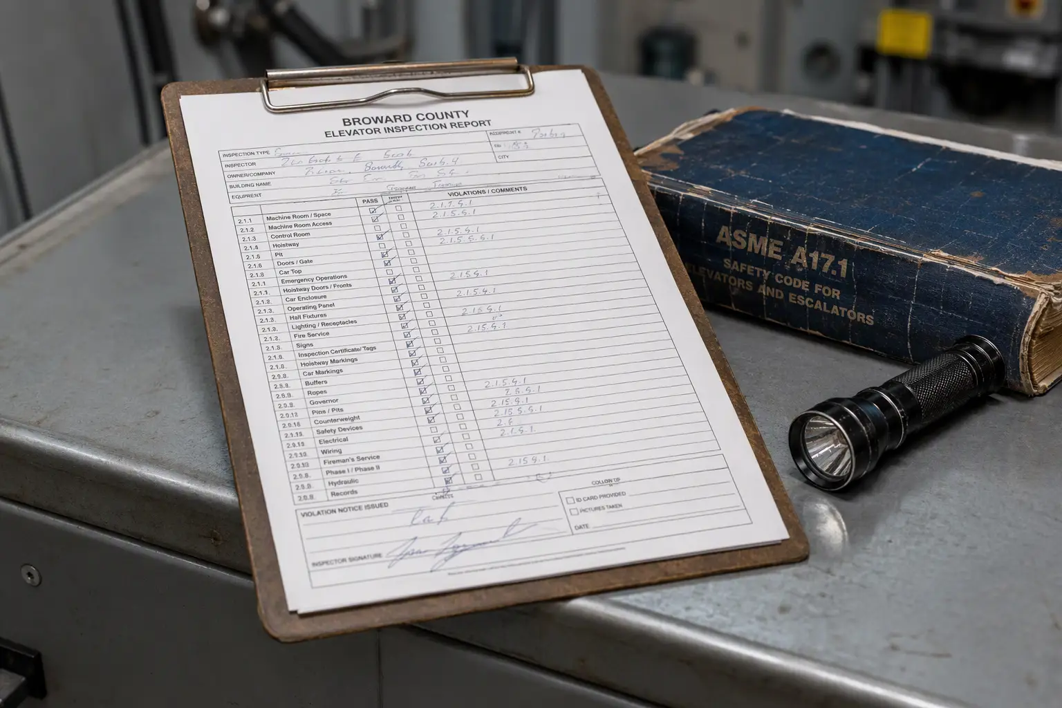 Broward County Elevator Inspection Deficiency Report Elevator inspection report with deficiency citations on a clipboard in a Florida machine room, showing the documentation process when an elevator fails inspection in Broward County