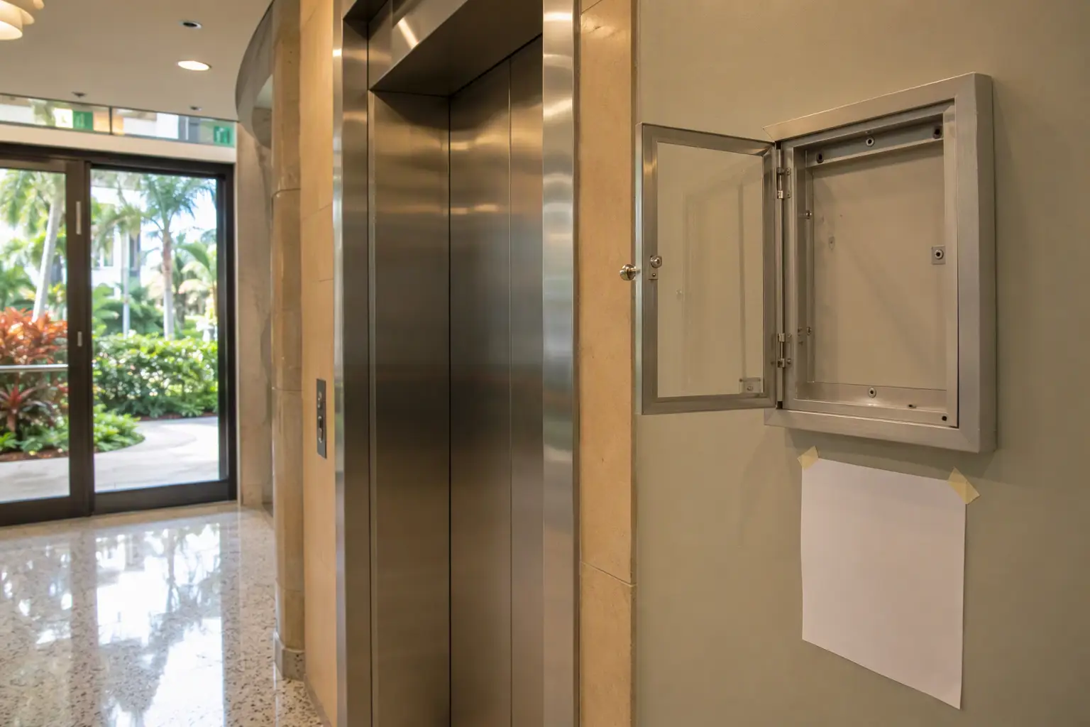 Out-of-Service Notice Posted After Failed Florida Elevator Inspection Empty certificate-of-operation frame and out-of-service notice posted beside elevator doors in a Pompano Beach Florida building lobby following a failed elevator inspection