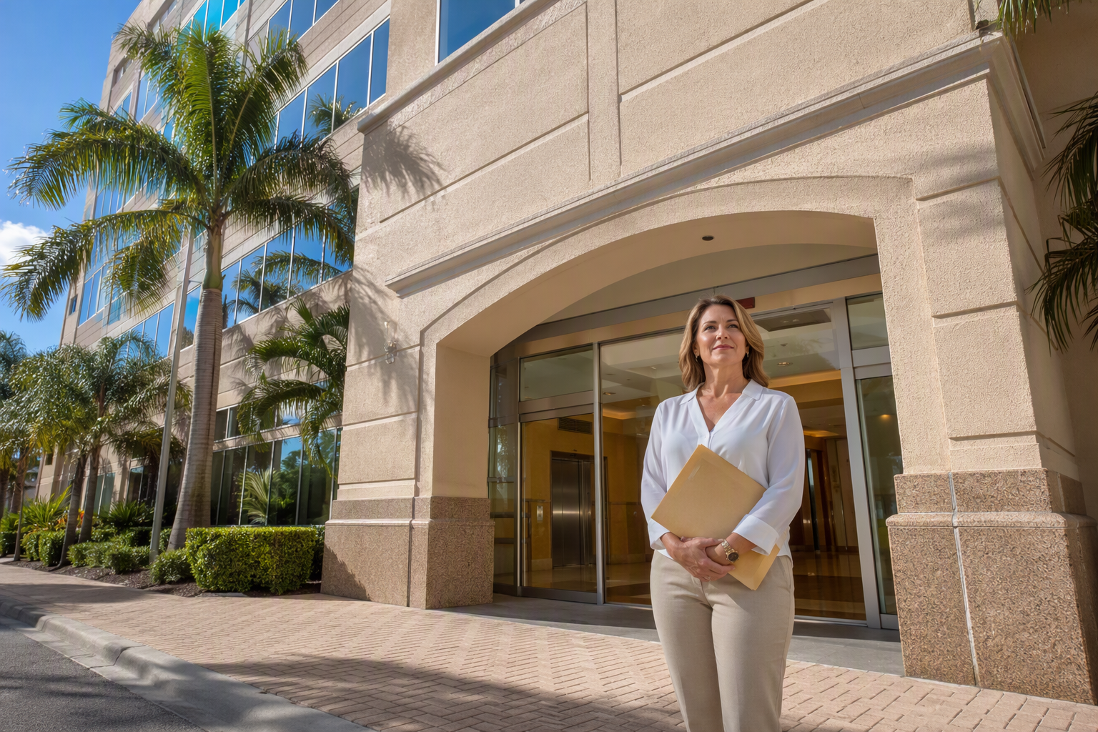 Pompano Beach Property Manager After Failed Elevator Inspection Building manager outside a Pompano Beach Florida commercial property holding elevator inspection documents after a failed elevator inspection requiring repairs under Chapter 399 Florida Statutes