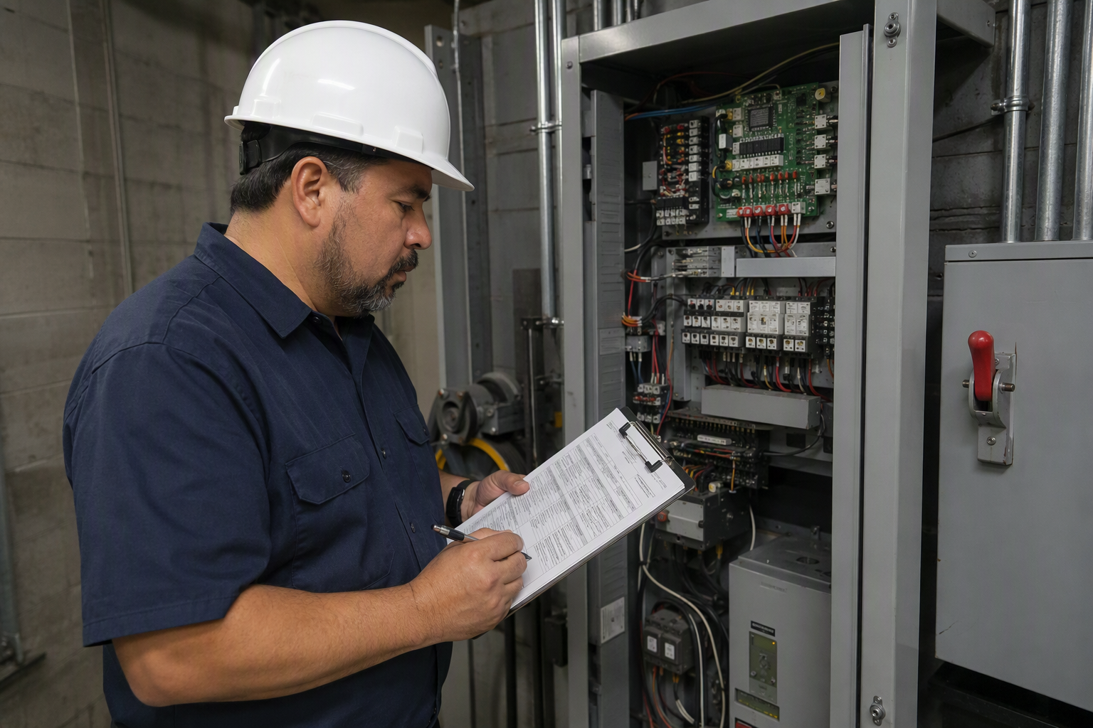 Certified elevator inspector reviewing inspection documentation inside a commercial elevator machine room in Broward County, Florida, during an annual Chapter 399 compliance inspection.