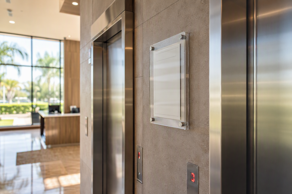 Certificate of operation posted between elevator doors in a commercial building lobby in Pompano Beach, Florida, as required by Chapter 399 Florida elevator inspection law.