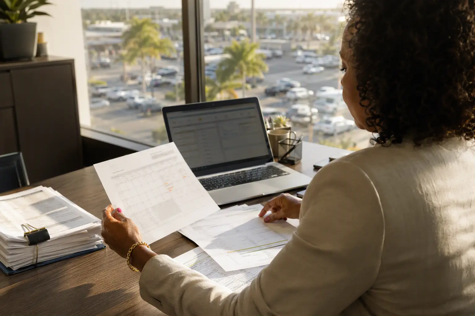 Property manager in Pompano Beach, Florida reviewing elevator inspection records and certificate of operation renewal documents to maintain commercial building compliance with Florida elevator law.