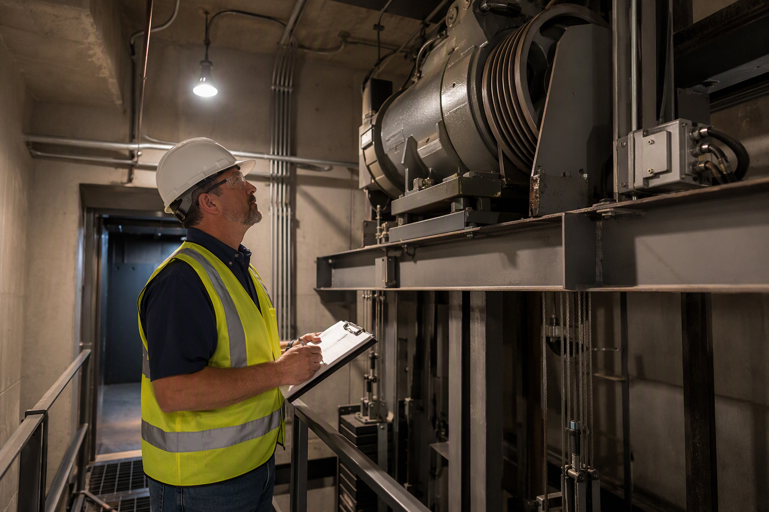 Certified elevator inspector reviewing annual inspection checklist beside a commercial traction elevator machine in a Florida building machine room, per ASME A17.1 and Florida Chapter 399 requirements
