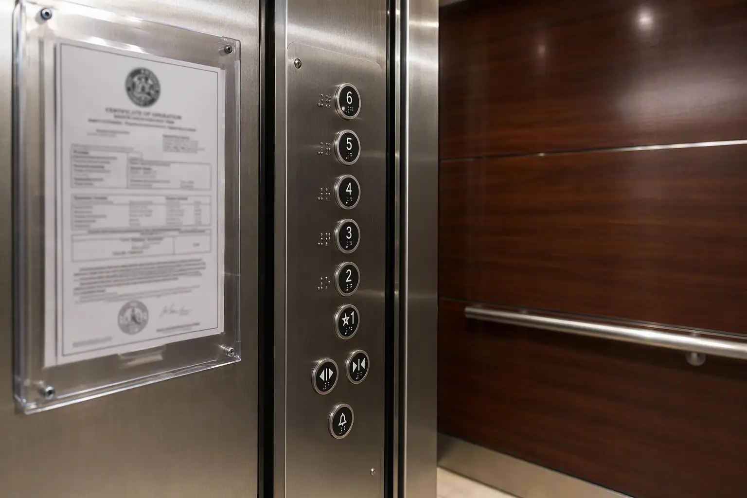 Certificate of operation posted inside a Florida commercial elevator cab beside ADA-compliant Braille control panel, showing required compliance documentation for retail and mixed-use buildings.