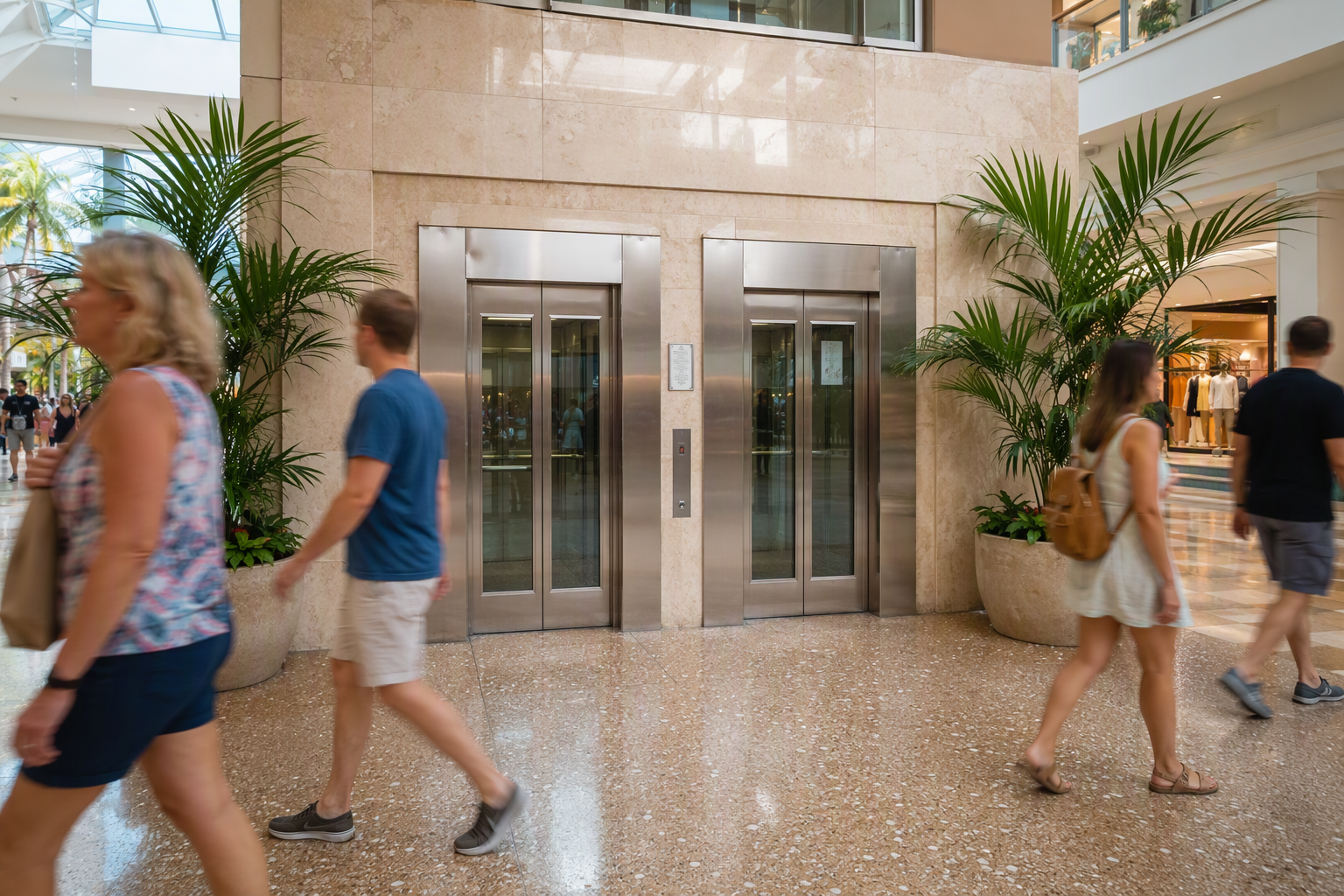 Modern passenger elevator bank in a Florida retail shopping center atrium showing posted certificate of operation, illustrating Florida elevator inspection and compliance requirements.