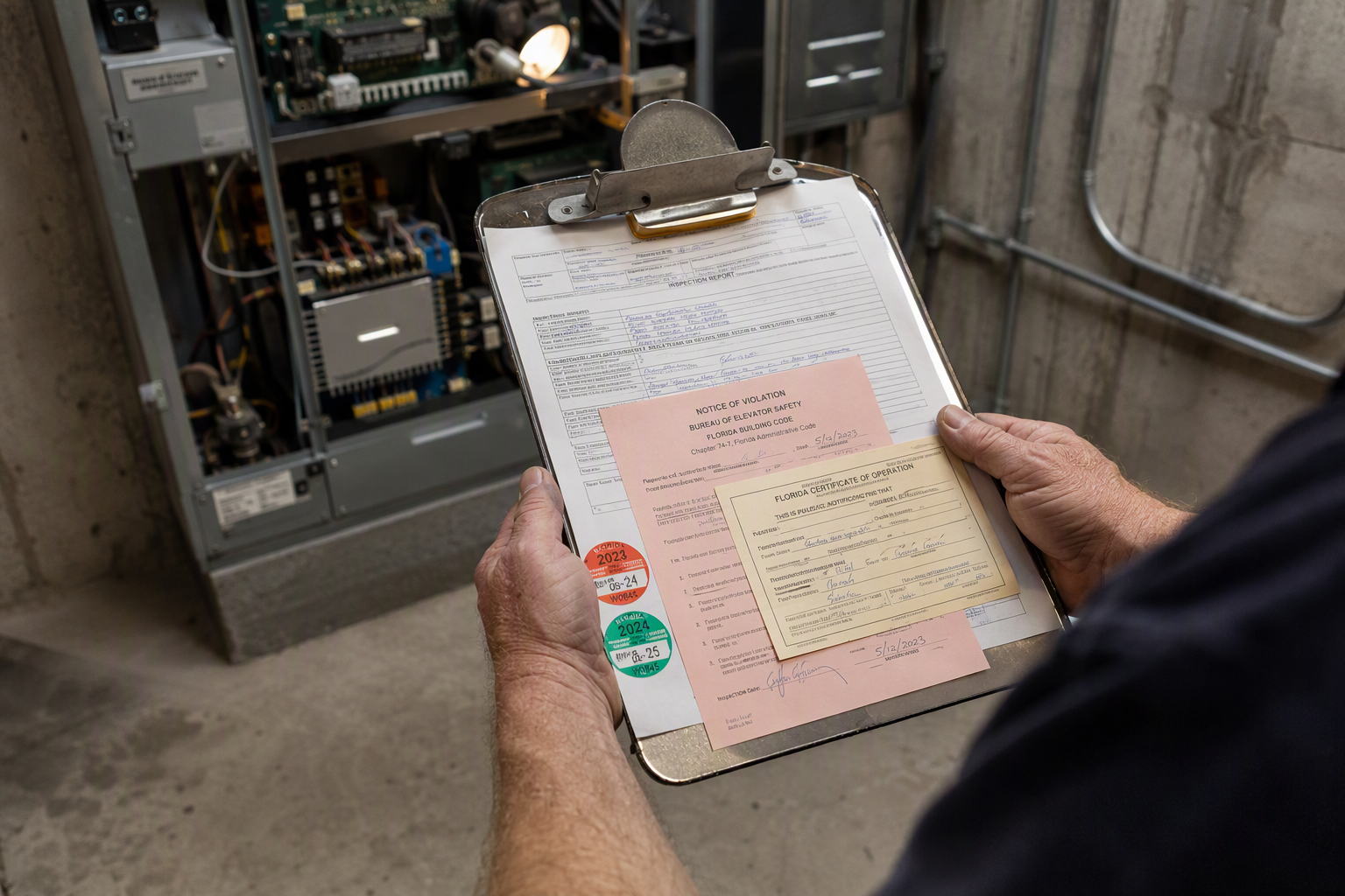 Elevator inspector reviewing DBPR compliance documentation in a Florida machine room, examining scope-of-work deficiencies that affect the certificate-of-operation holder