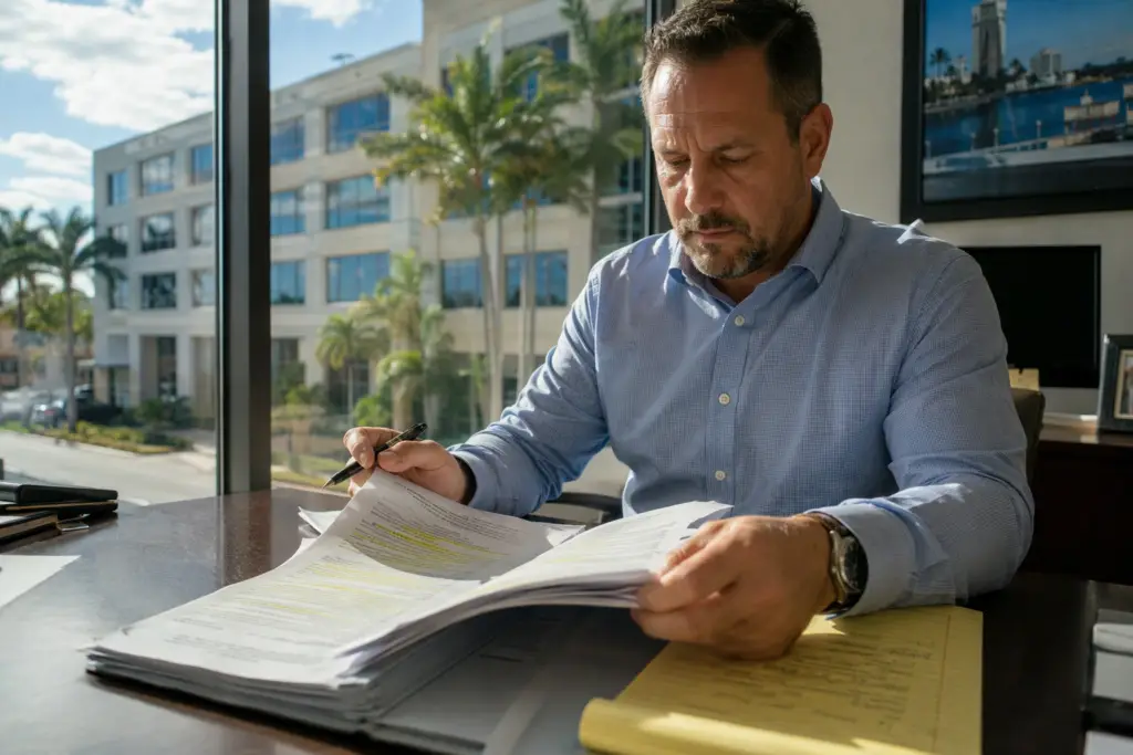 Florida property manager reviewing elevator maintenance contract terms at a desk near a window overlooking a Pompano Beach commercial building, checking renewal clauses