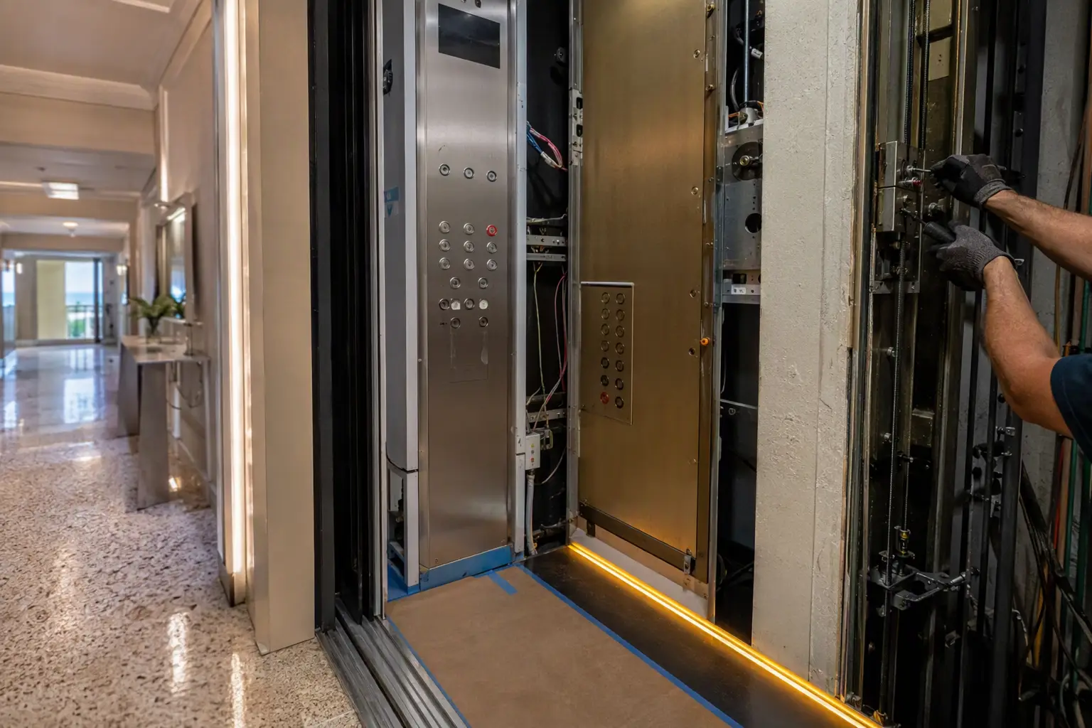 Elevator cab interior during modernization in a Sarasota Florida condominium, showing new LED fixtures and door operator replacement excluded from standard maintenance contract scope