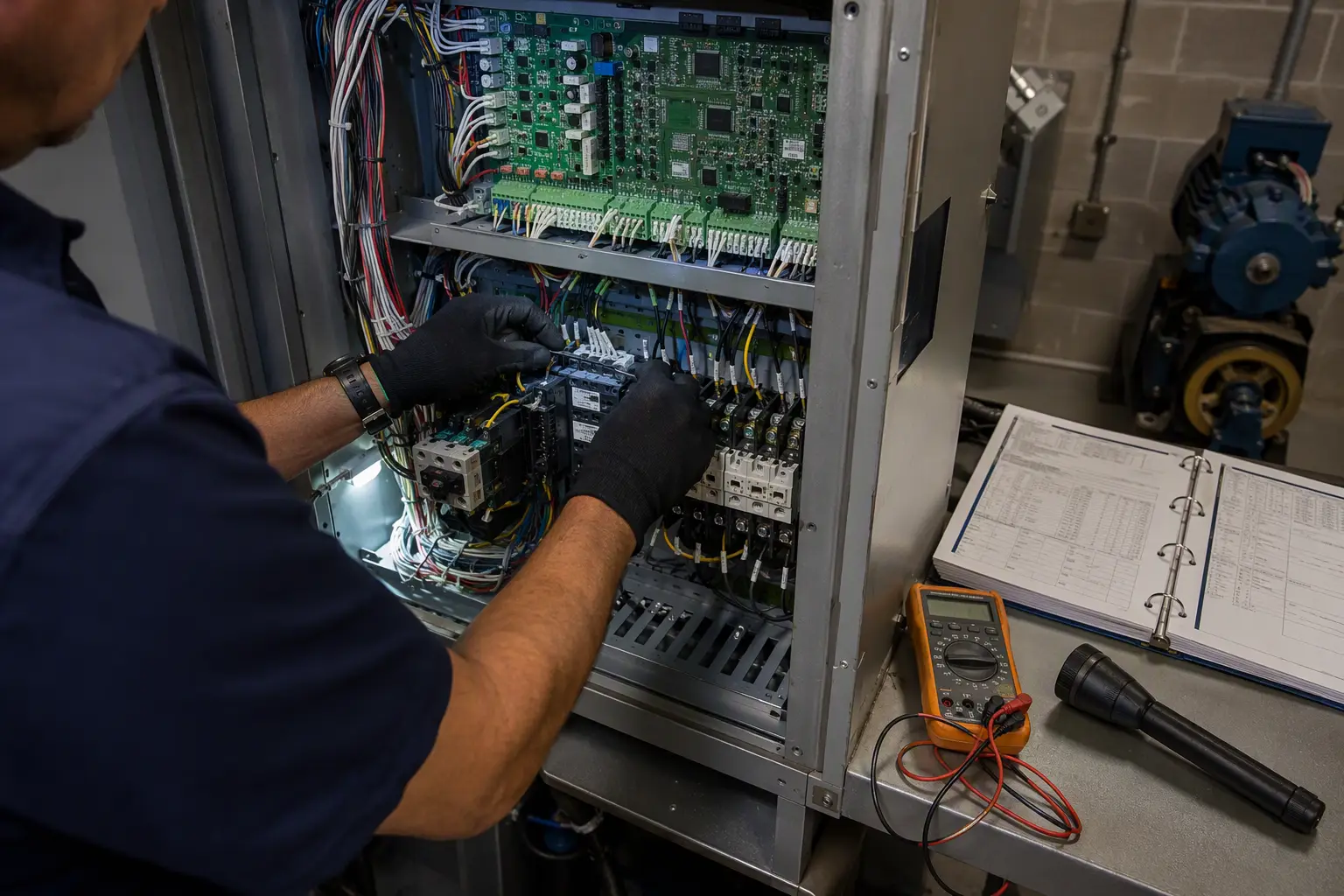 Elevator technician servicing machine-room controller equipment during a Florida elevator maintenance visit, with checklist documenting scope-of-work coverage per contract terms