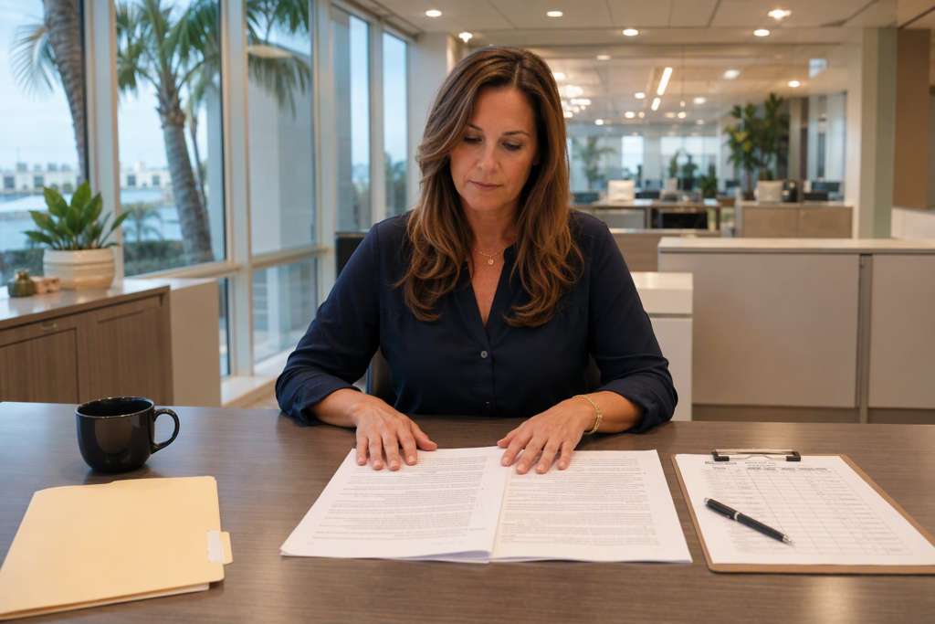 Florida building manager reviewing elevator maintenance contract terms at a conference table before signing, checking for auto-renewal clauses and scope-of-work exclusions