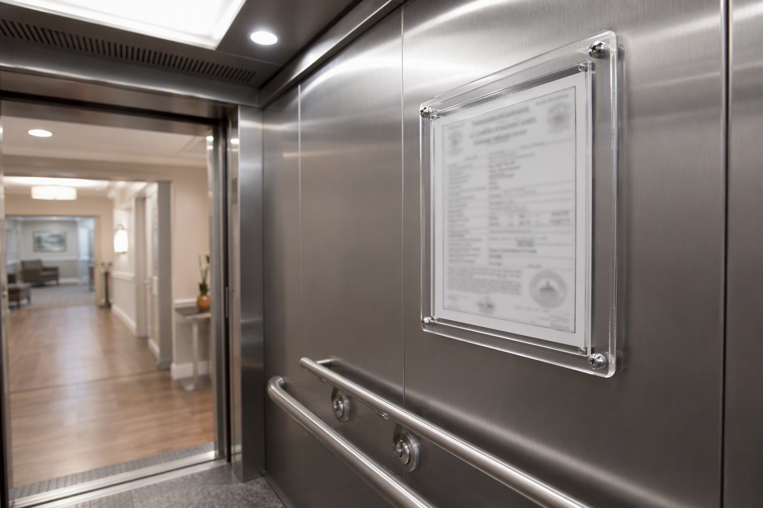 Posted Florida elevator certificate of operation in transparent frame inside assisted living elevator cab, a key legal compliance requirement under Chapter 399 Florida Statutes