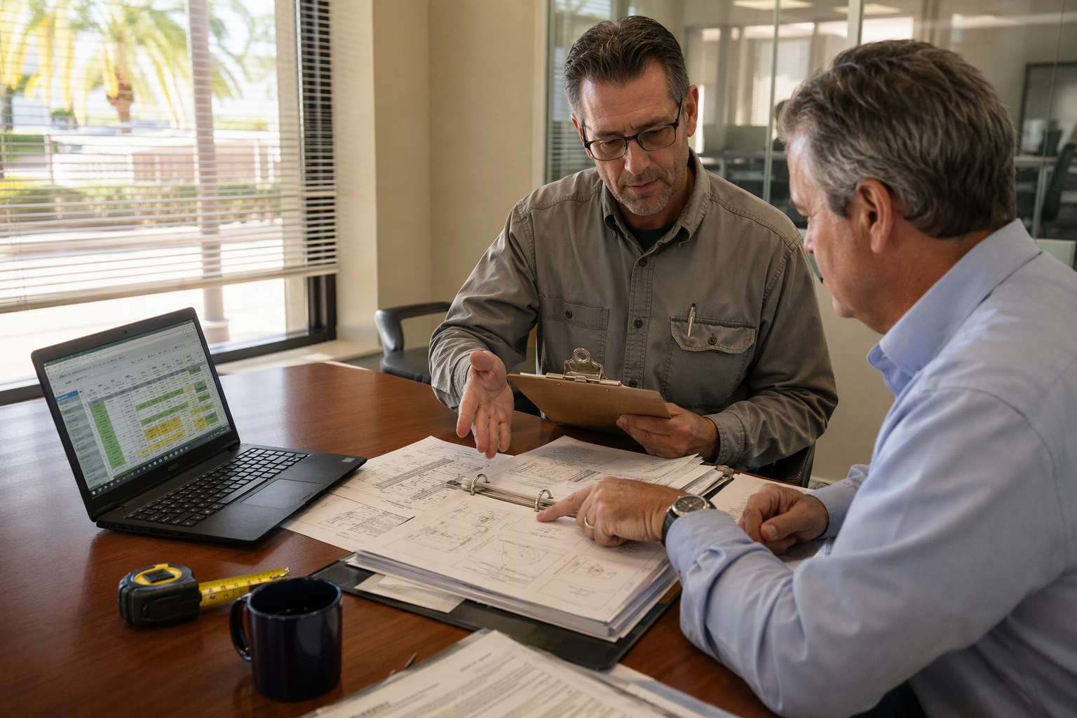 Certified elevator inspector reviewing maintenance documentation with senior living facility manager in Florida, ensuring ASME A17.1 and ADA compliance for assisted living elevator contracts