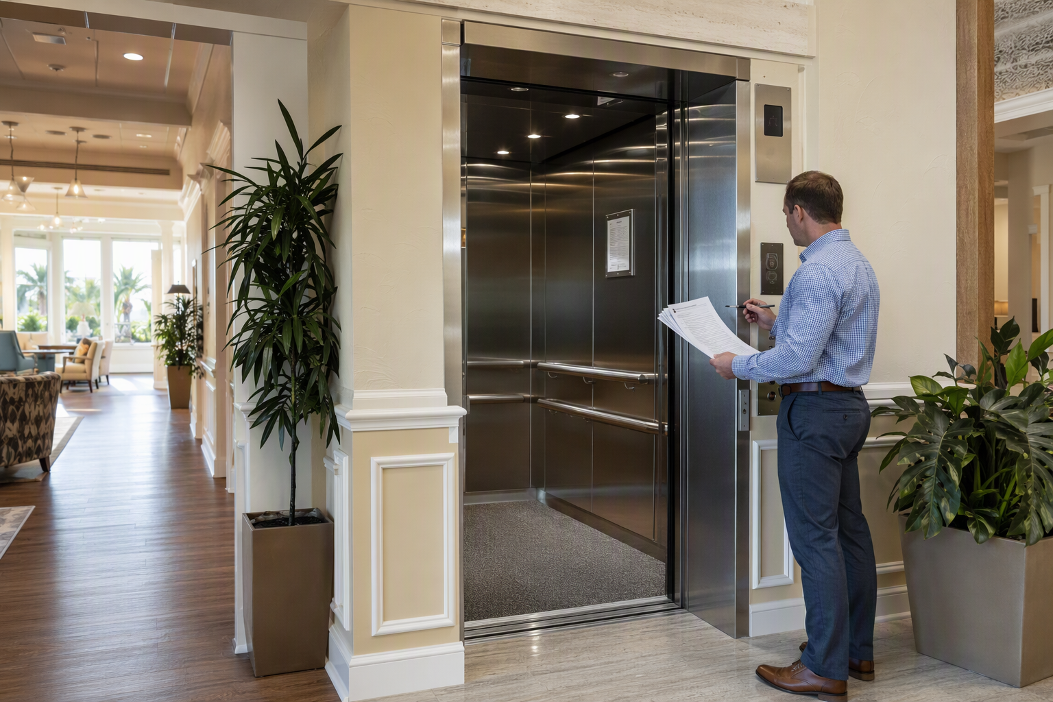 Florida senior living facility administrator reviewing elevator maintenance contract terms in a bright assisted living building corridor with compliant elevator cab visible, Pompano Beach FL