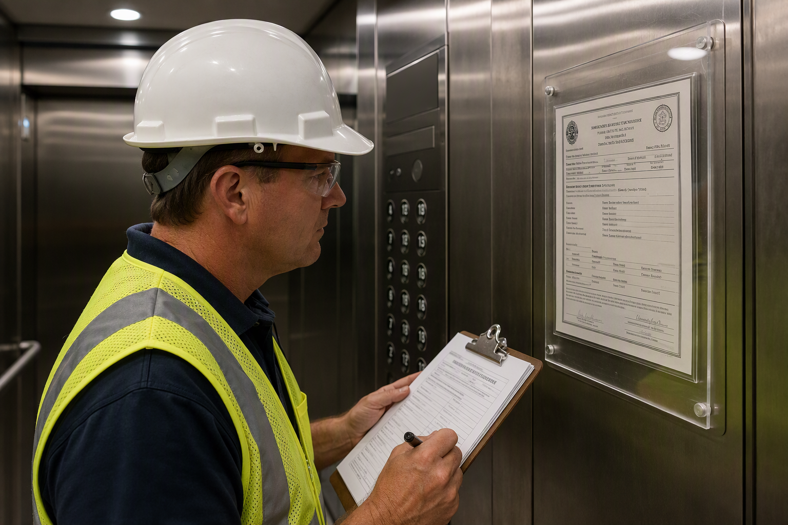 Florida Elevator Inspector Reviewing Certificate of Operation Florida certified elevator inspector reviewing the posted certificate of operation inside a Pompano Beach commercial elevator cab during a mandatory Chapter 399 compliance inspection
