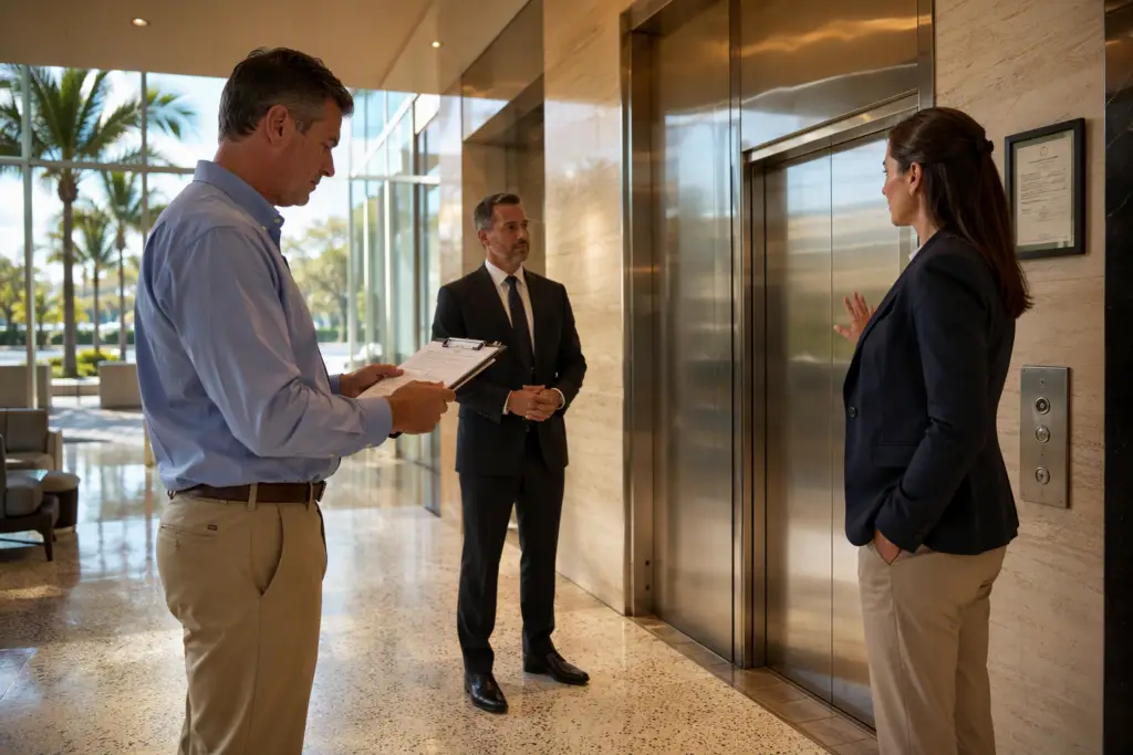 Building owner, property manager, and tenant standing in a Pompano Beach commercial lobby near elevator doors and posted certificate of operation, illustrating shared maintenance responsibility