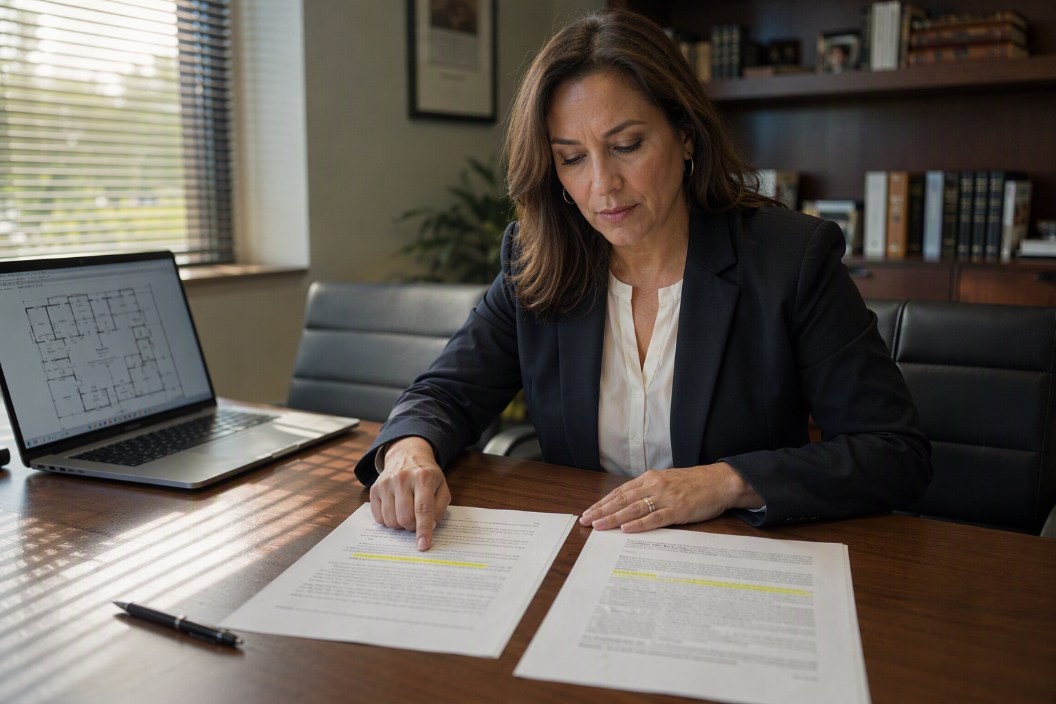 Property Manager Reviewing Elevator Maintenance Contract and Lease Terms Property manager in a Pompano Beach commercial office reviewing elevator maintenance contract and lease agreement clauses defining owner, tenant, and manager responsibilities