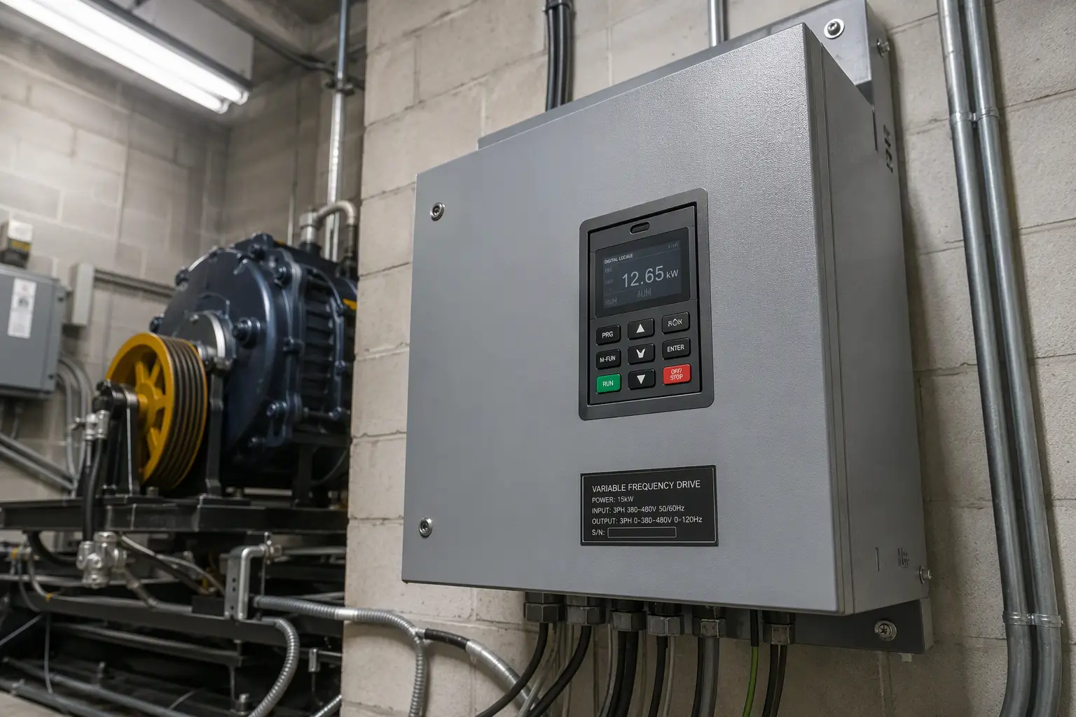 VVVF variable-frequency drive unit inside a retail elevator machine room showing energy-efficient motor control components for elevator modernization
