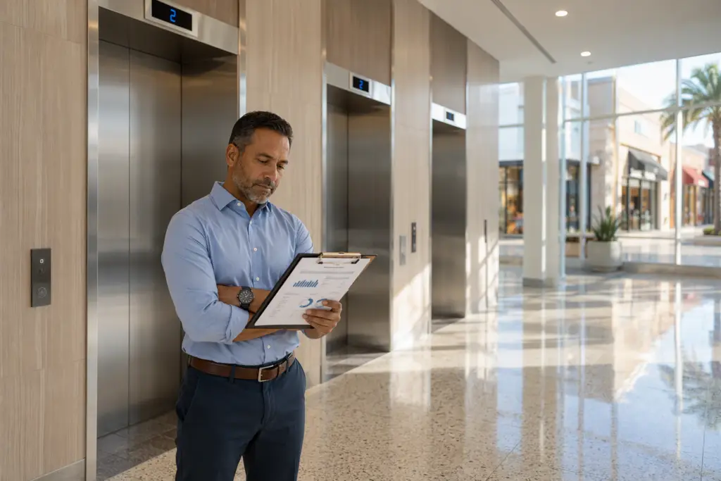 Retail property owner reviewing elevator modernization energy audit in a Florida shopping center lobby with stainless steel elevator doors and LED lighting