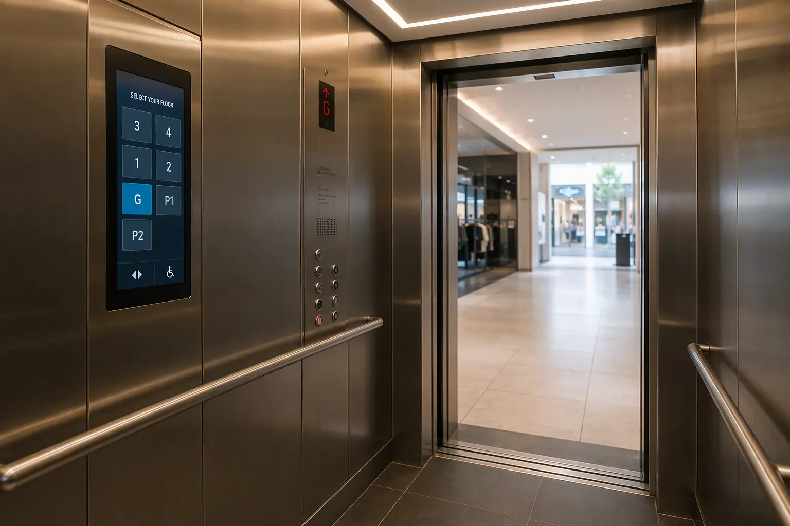 Modernized retail elevator cab interior with LED lighting and destination-dispatch control panel showing upgraded fixtures that improve energy efficiency and reliability
